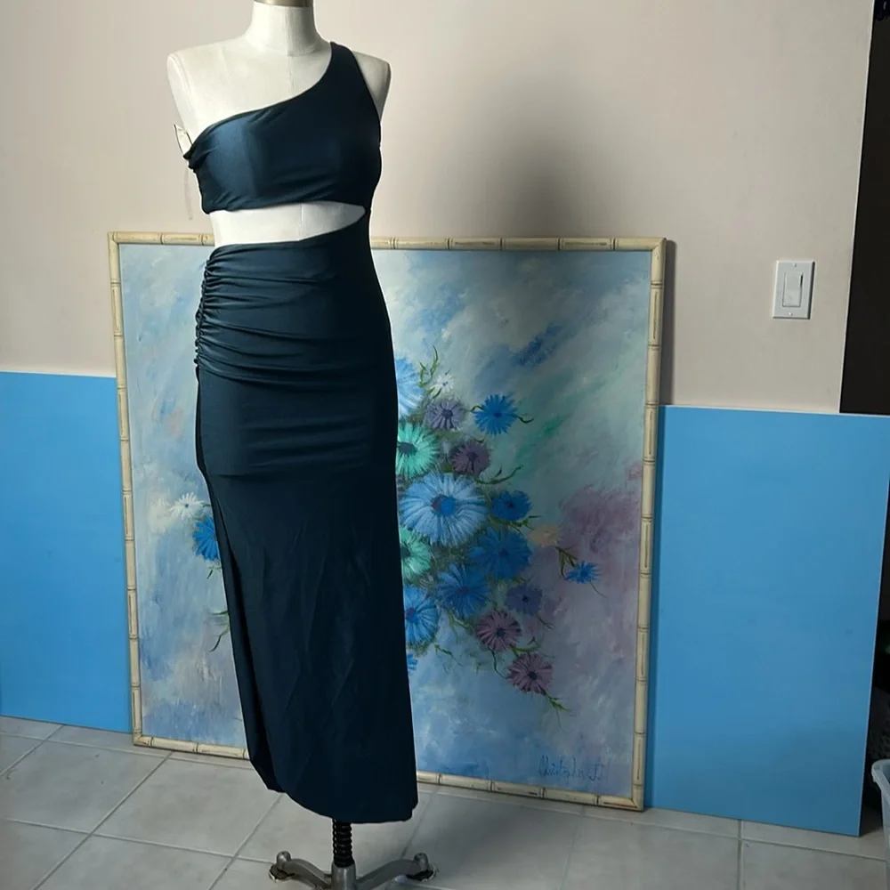 Eugenia Fernandez  One-Shoulder Teal Dress Ruched Side Maxi Open side small - Picture 14 of 17